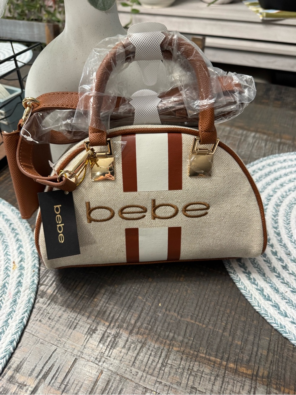 bebe Cream and Brown Canvas Dome Satchel